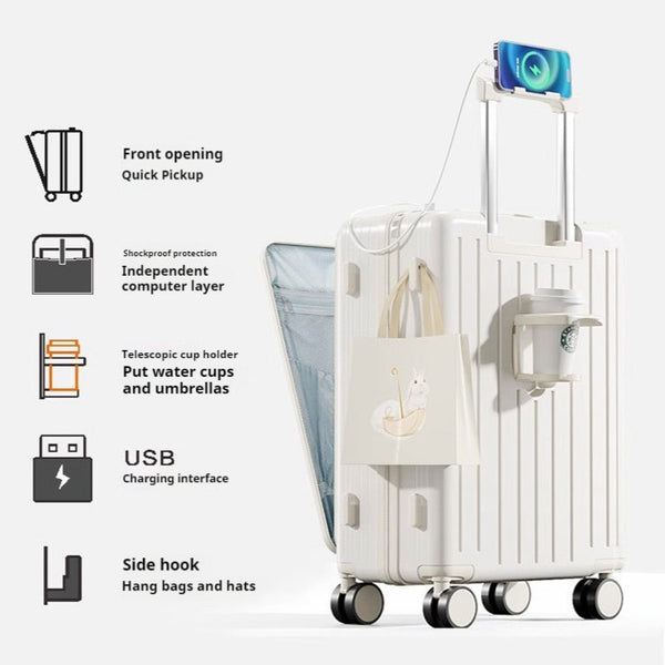 Multifunction Large Capacity Luggage Business Carry on Boarding USB Charging Cup Holder Front Opening Lid Trolley Suitcase
