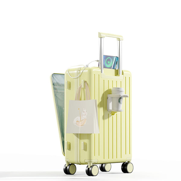 Multifunction Large Capacity Luggage Business Carry on Boarding USB Charging Cup Holder Front Opening Lid Trolley Suitcase