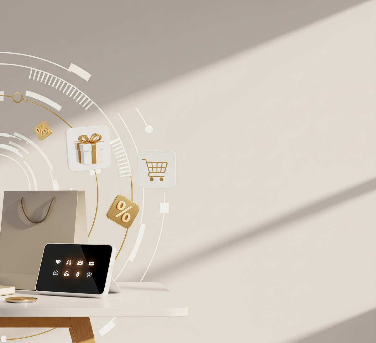 Smart home control panel on a white surface with decorative elements