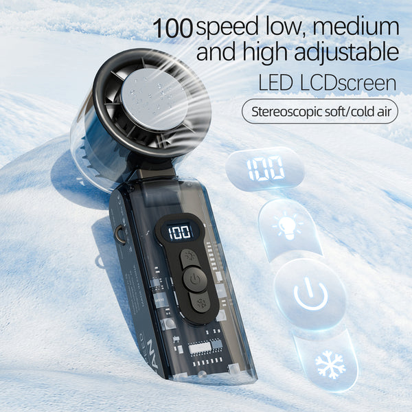 Foldable Transparent Turbo Cooling Handheld Fan – 100-Speed USB Rechargeable Bladeless Airflow with LED Light