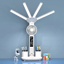3in1 Multifunction Table Lamp LED Four-headed Folding With Fan Calendar Clock USB Rechargeable Desk Light 3 Color Reading Lamp