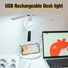 3in1 Multifunction Table Lamp LED Four-headed Folding With Fan Calendar Clock USB Rechargeable Desk Light 3 Color Reading Lamp
