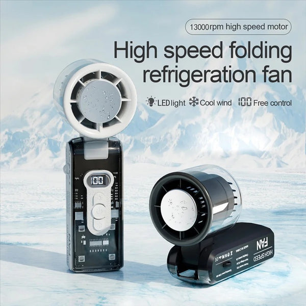 Foldable Transparent Turbo Cooling Handheld Fan – 100-Speed USB Rechargeable Bladeless Airflow with LED Light